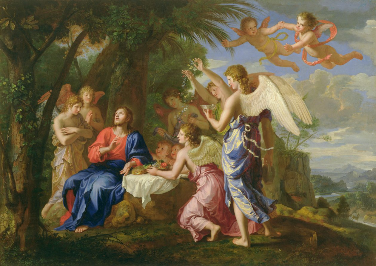 Kristus obsluhovaný anděly, asi 1650 od Jacques Stella