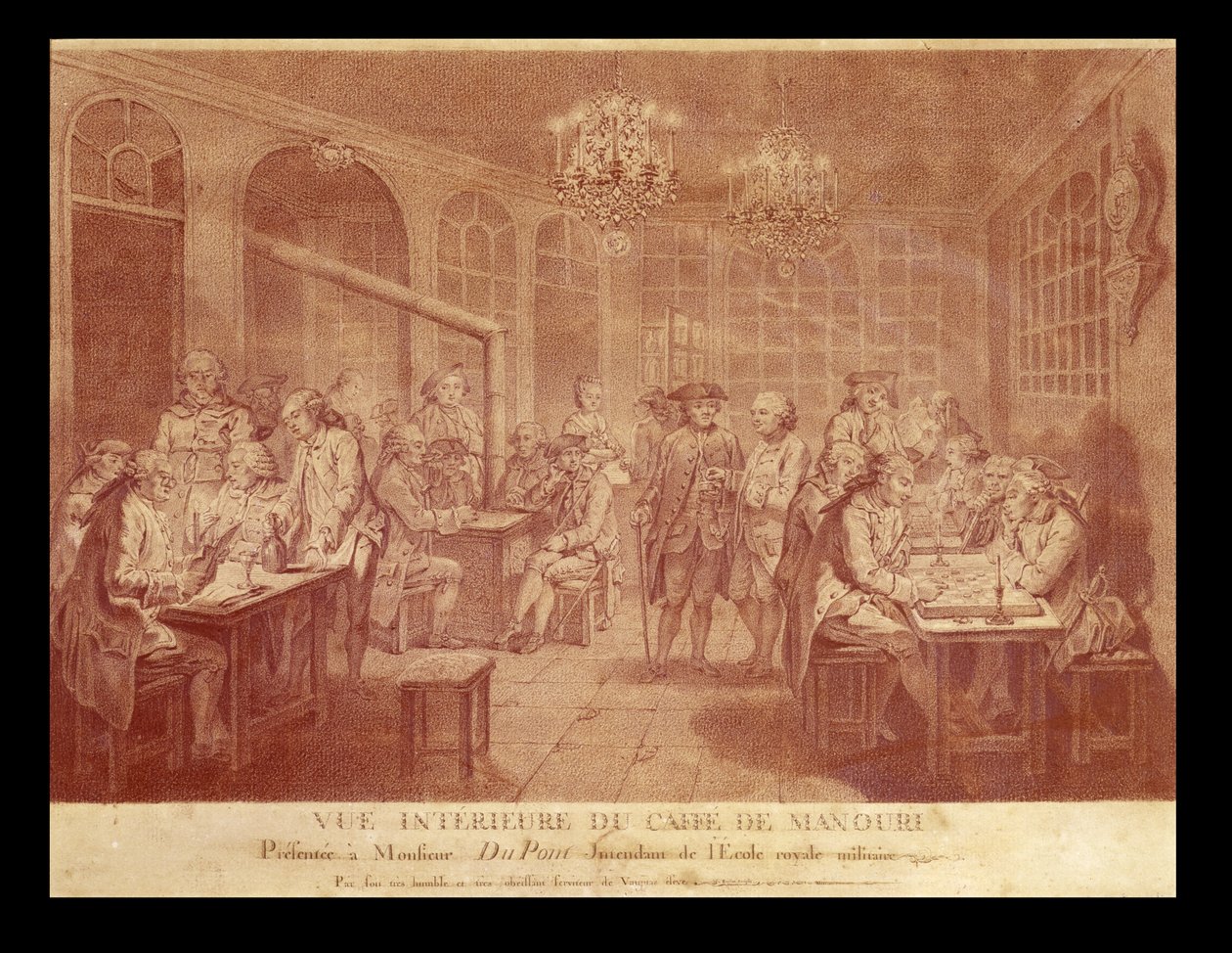 Interiér kavárny Manouri, c.1775 (červená křída na papíře) od Jacques Treton de Vaujas