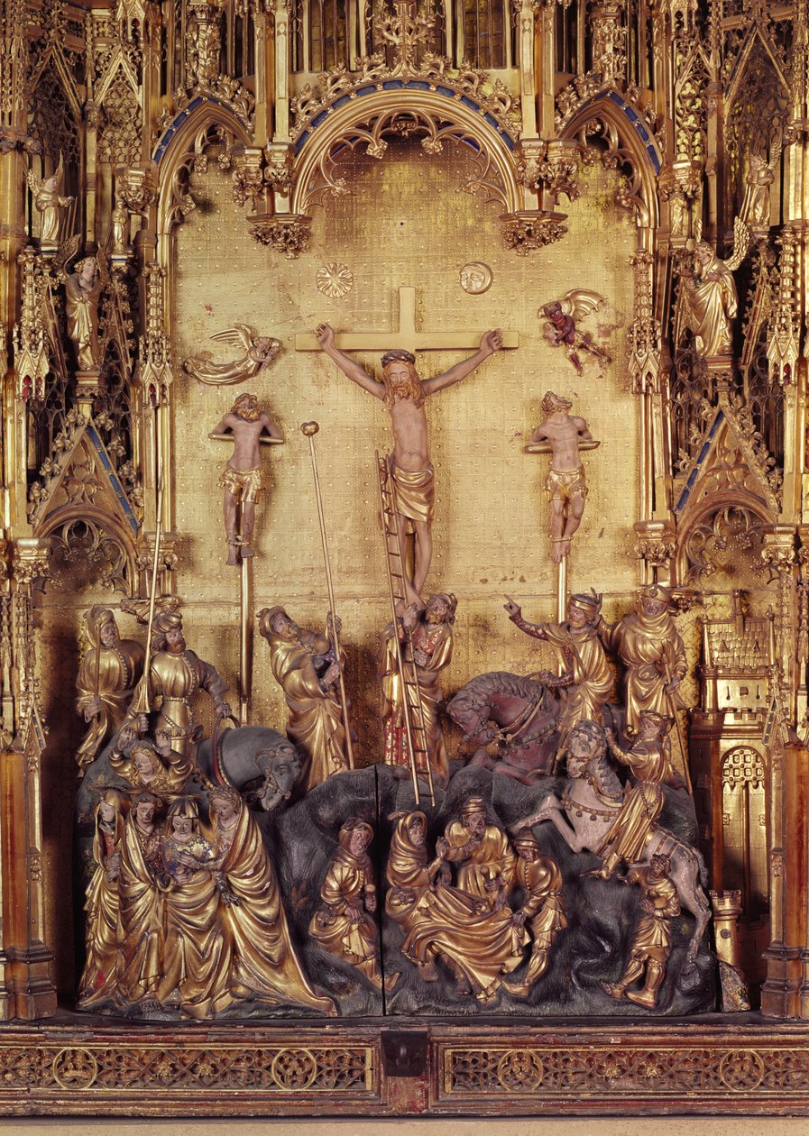 Oltářní obraz Ukřižování, detail centrální desky, z kostela Chartreuse de Champmol, zlacené dřevo kolem roku 1391 od Jacques de Baerze or Baers