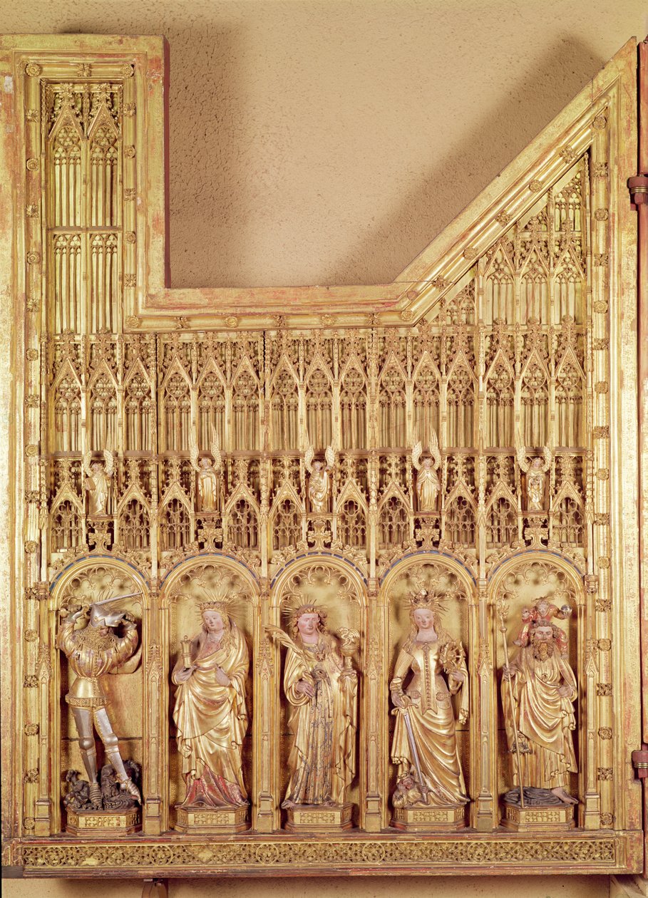 Oltářní obraz Ukřižování, detail z levého panelu zobrazující SS. Jiří, Marie Magdalena, Jan, Kateřina Alexandrijská a Kryštof z kostela Chartreuse de Champmol, kolem roku 1391 (gi od Jacques de Baerze or Baers