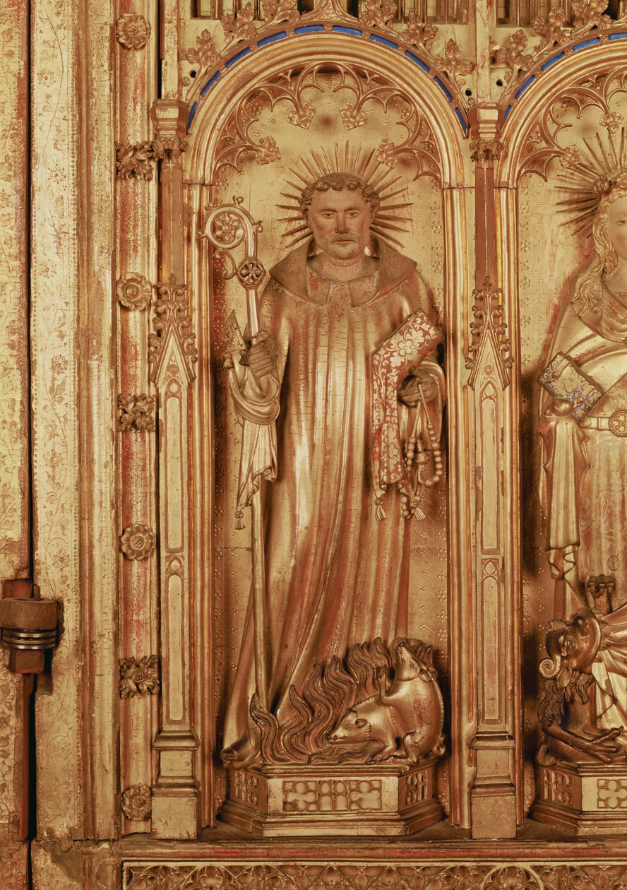 Oltářní obraz Ukřižování, detail pravé desky zobrazující sv. Antonína, kolem roku 1391 (zlacené dřevo) od Jacques de Baerze or Baers