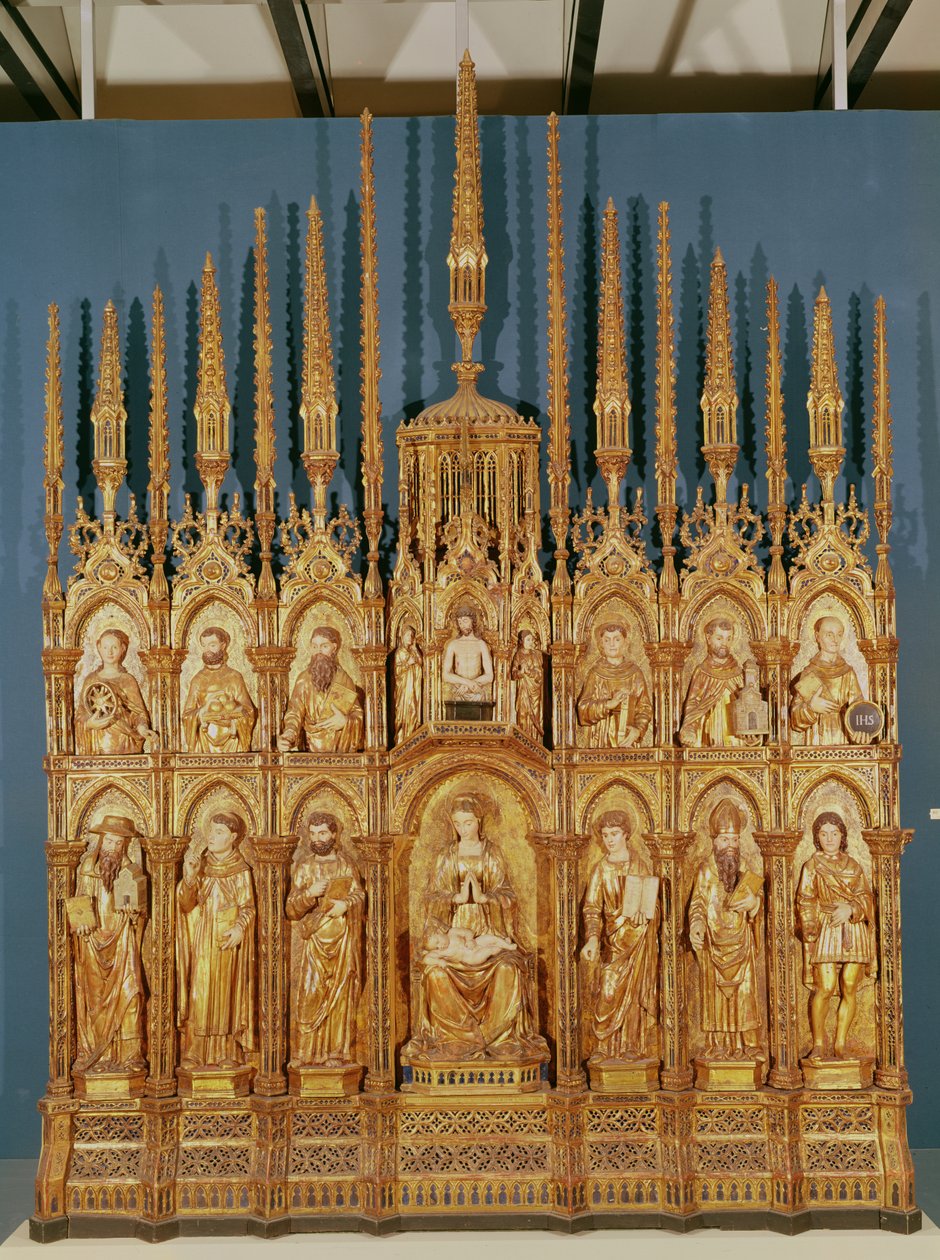 Polyptych zobrazující Pannu a dítě s dvanácti svatými (zlacené dřevo) od Jacques de Pula