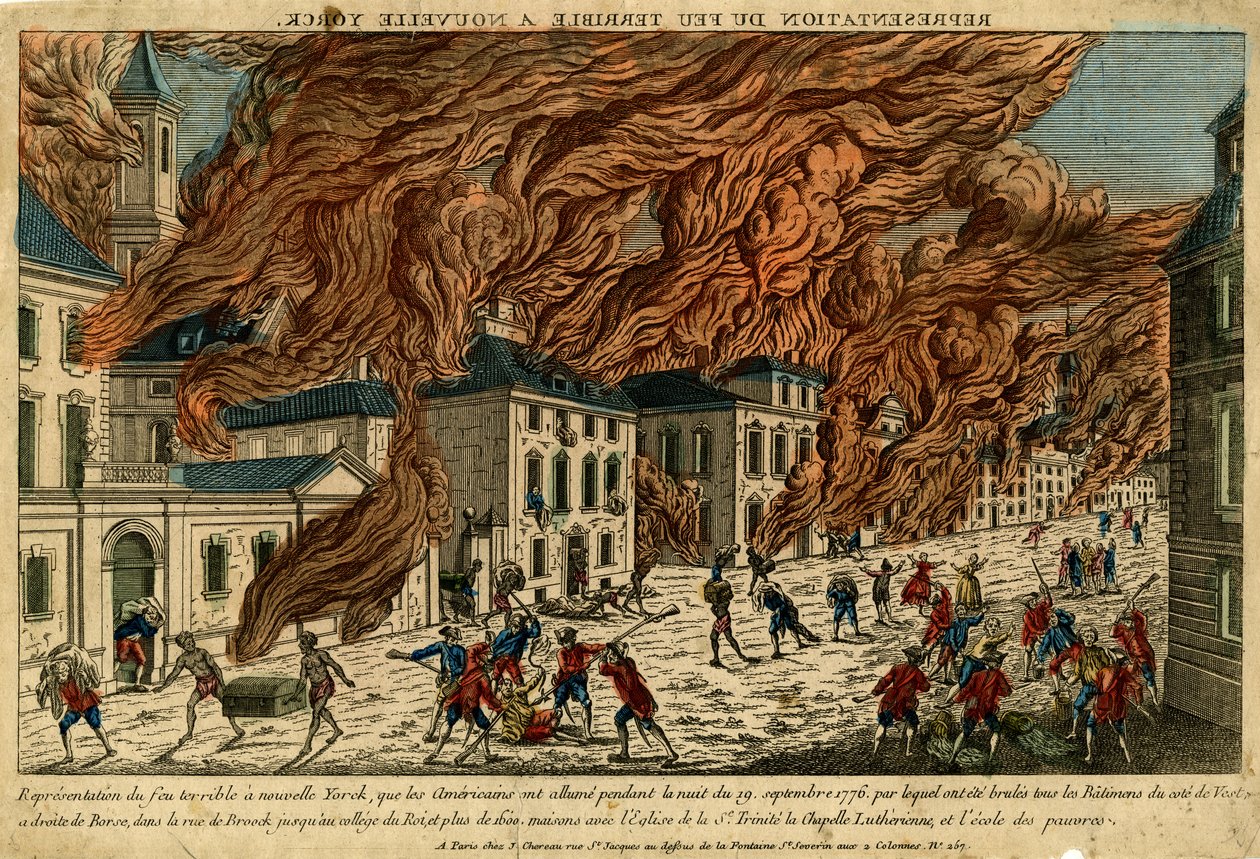 Representation of Terrible Fire in New York, 19. září 1776, nedatováno (ručně kolorovaná rytina) od Jacques the Younger Chereau