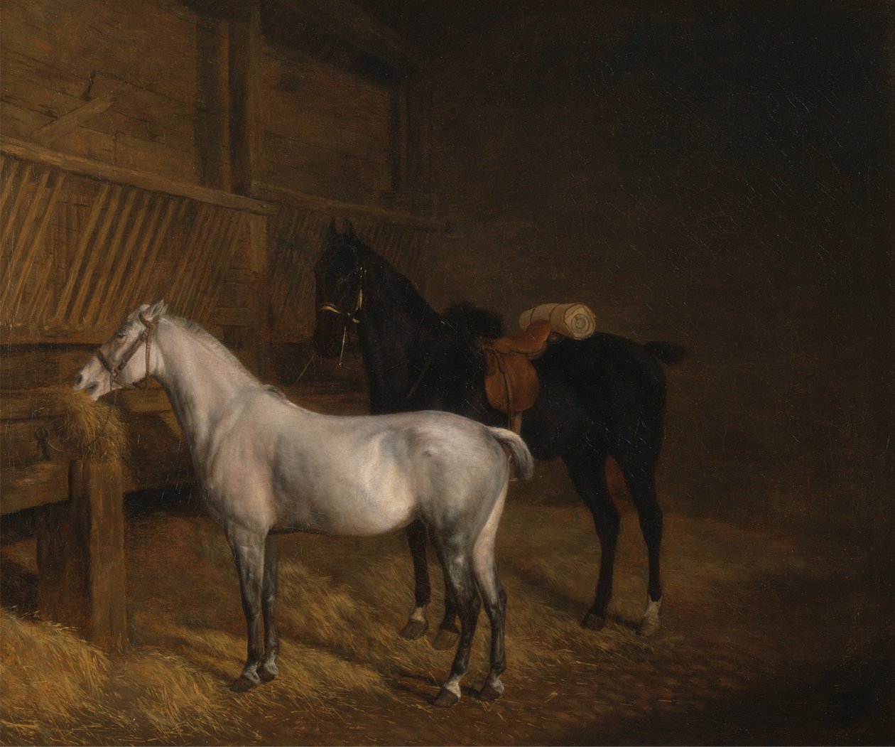 Šedý poník a černý nabíječ ve stáji od Jacques-Laurent Agasse