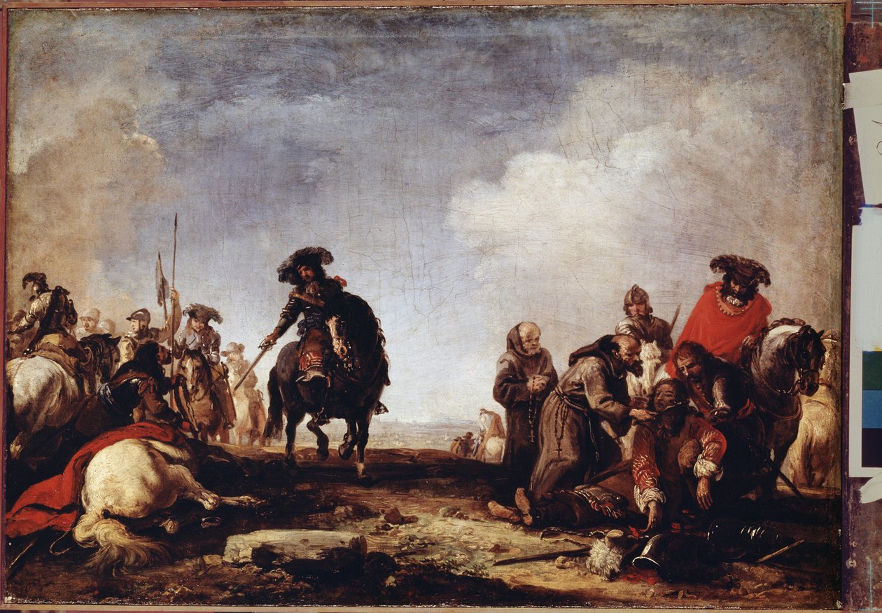 ""Po bitvě"" (Po bitvě) Skupina mnichů prochází mezi zraněnými, aby jim požehnala. Obraz od Jacquese Courtoise (1621-1696) Ermitážní muzeum 17. století, Petrohrad (Saint-Petersburg) od Jacques Courtois