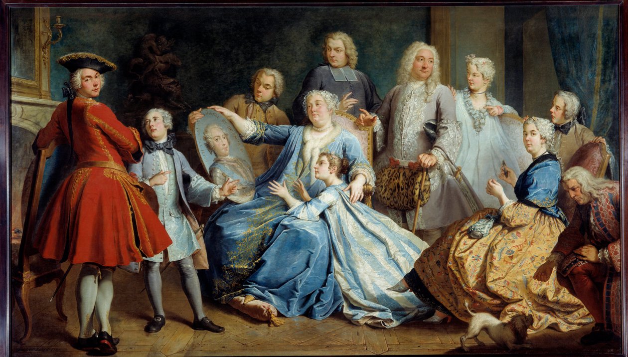 Portrét Madame Mercier, zdravotní sestry Ludvíka XV., obklopená svou rodinou. Obraz od Jacquese Dumonta, dit le Romain (1701-1781) od Jacques  Dumont
