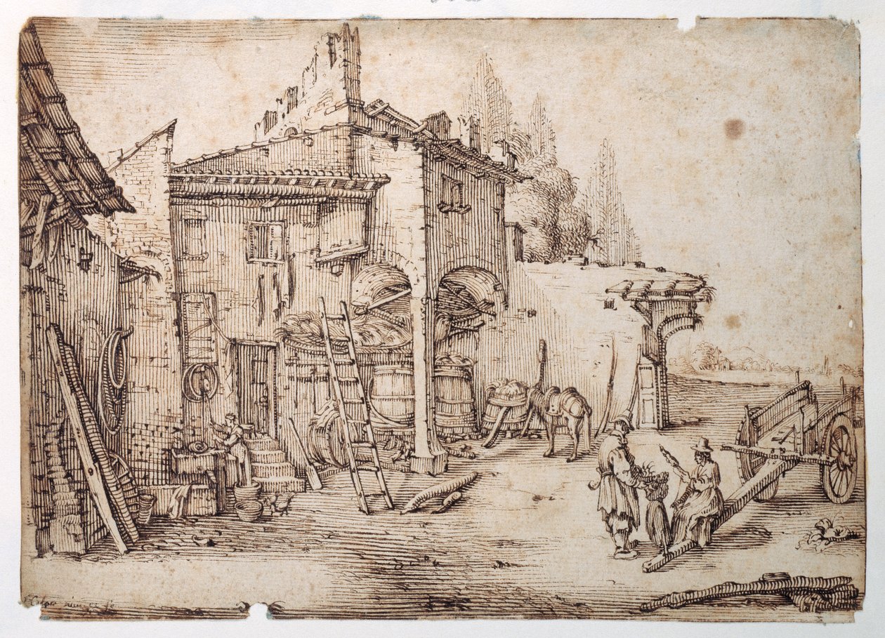 Italský dvůr (pero a hnědý inkoust na bílém papíře) od Jacques (after) Callot