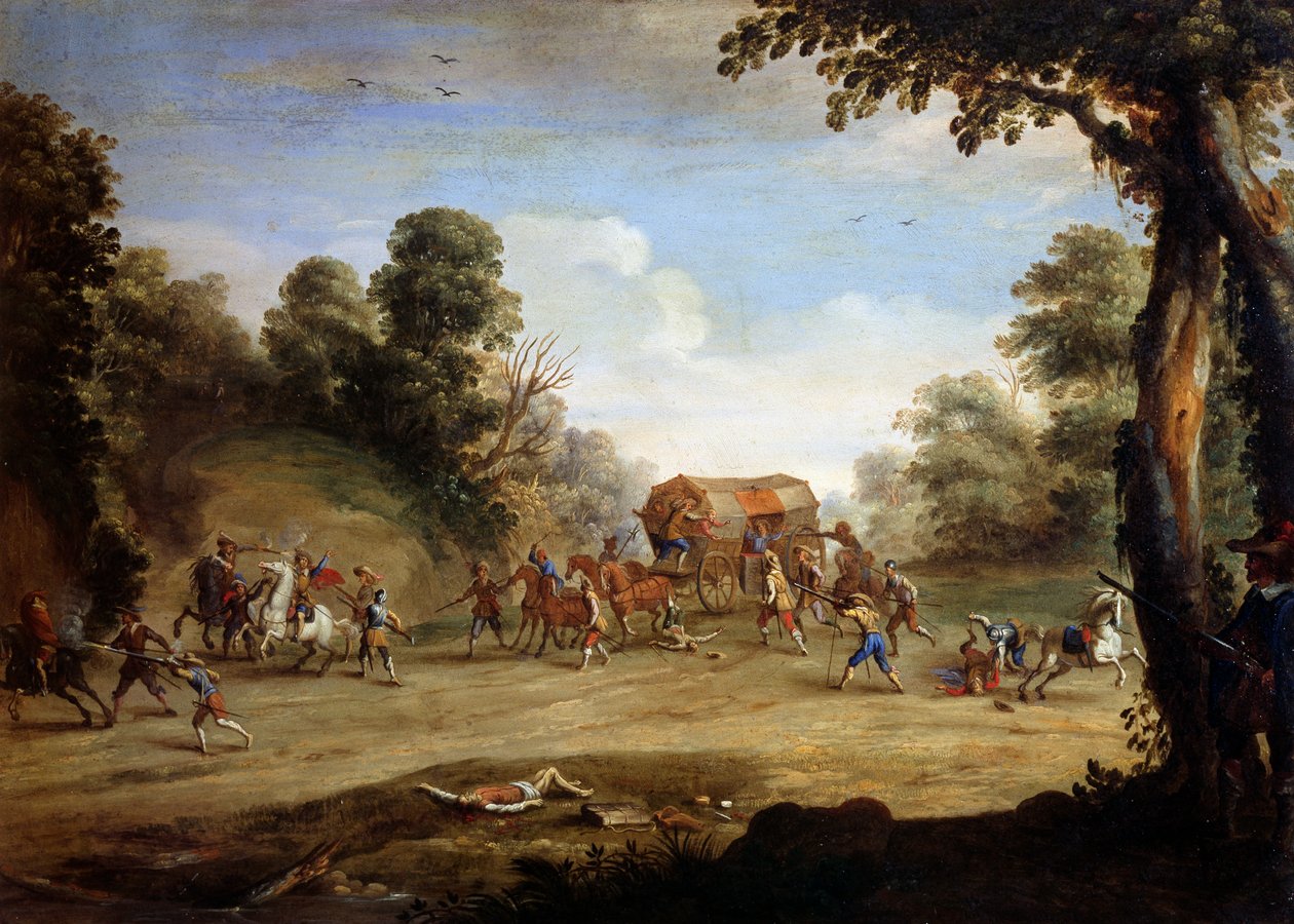 Život vojáka, vyhození kočáru (olej na mědi) od Jacques (after) Callot