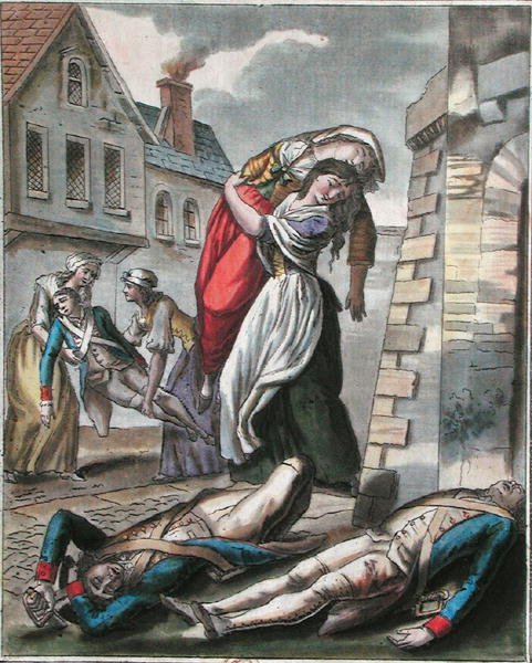 Ženy pomáhající zraněným během francouzské revoluce, rytina Labrousse, kolem roku 1795 (barevná rytina) od Jacques (after) Grasset de Saint Sauveur