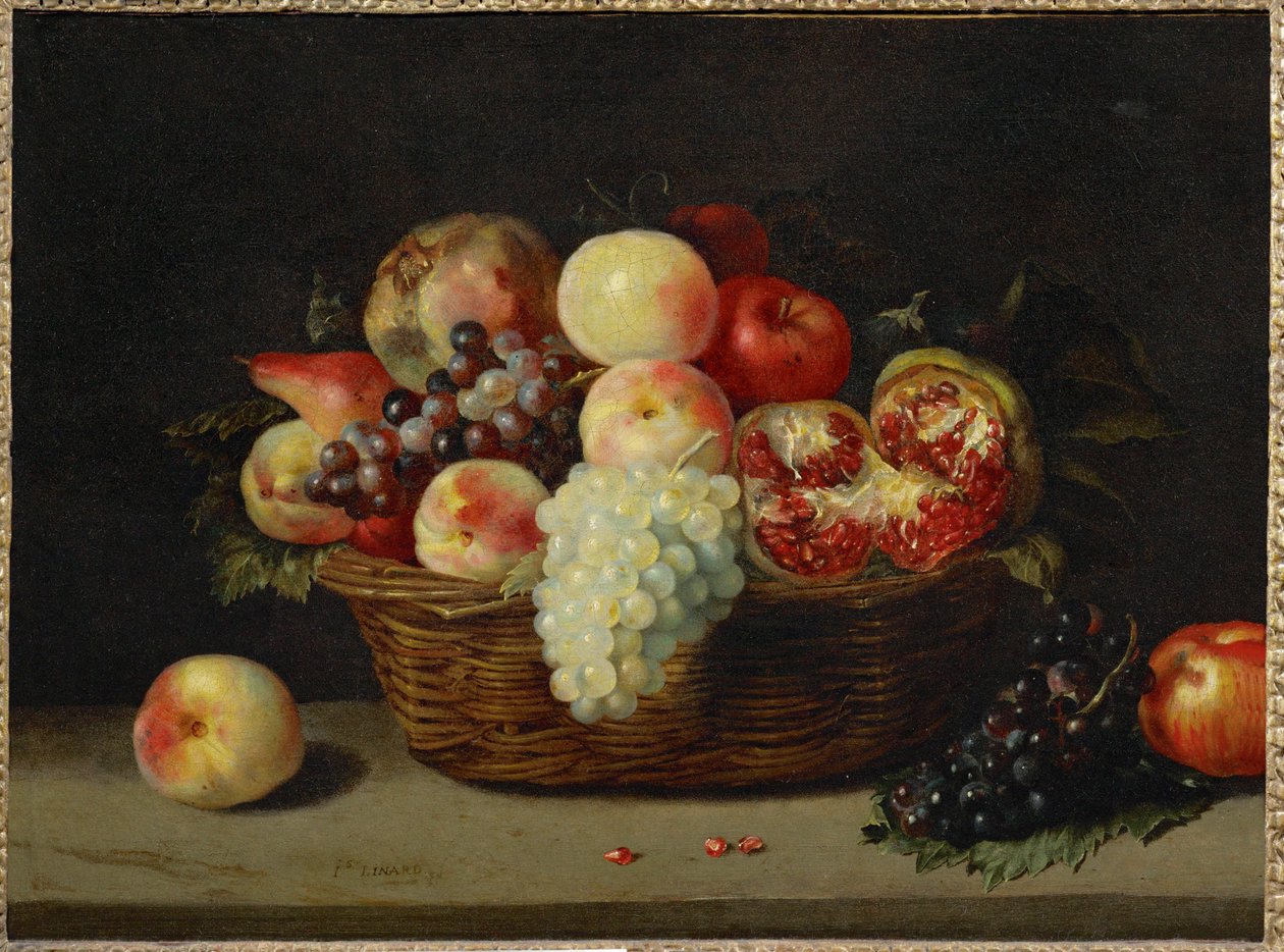 Panier de grenade, peches et raisins - Košík s granátovým jablkem, broskvemi a hrozny ... od Jacques (attr. to) Linard