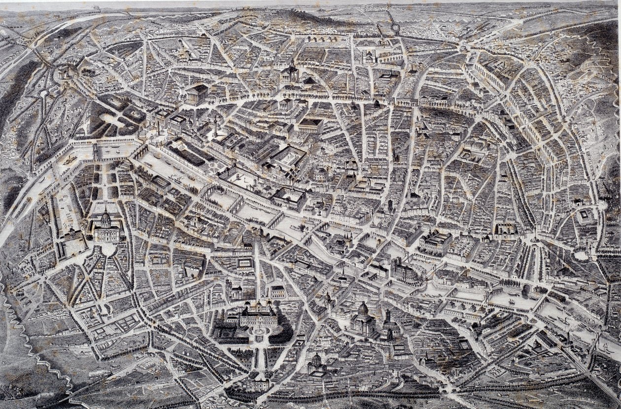 Mapa Paříže v reliéfu a ptačí muška s okolím a opevněním. Hlubotisk od Jacquese Alphonse Testarda (1810-?) Paříž 19. století, Musee Carnavalet od Jacques Alphonse (after) Testard