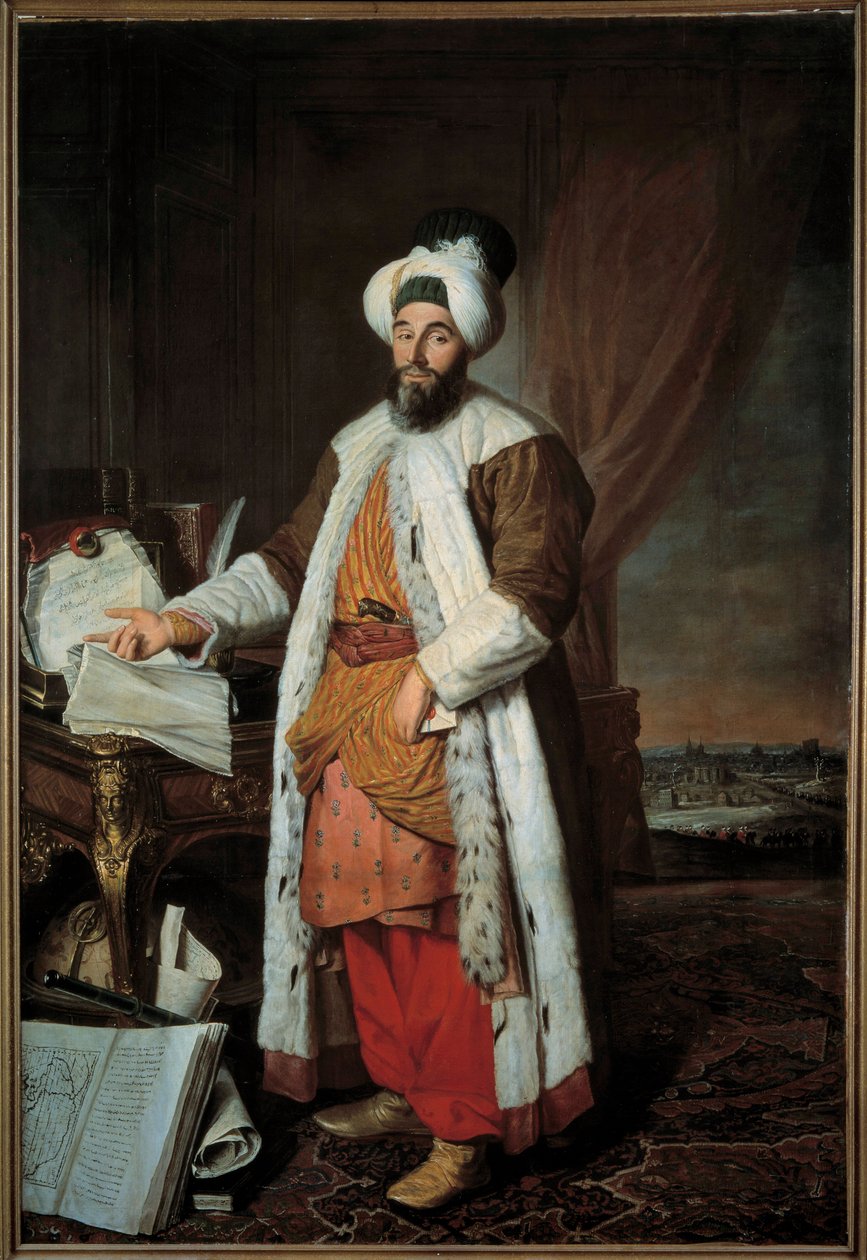 Celovečerní portrét Mehemeta Saida Paši Bey de Roumelie, velvyslance sultána Mahmuda (Mahmouda) I. ve Versailles v roce 1742 Obraz Jacques Andre Joseph Ave, dit le Camelot nebo Avet le Batave (1702-1766) od Jacques Andre Joseph Camelot Aved