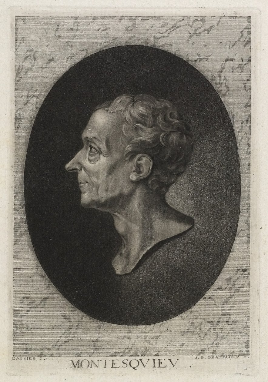 Montesquieu, ryl Jean-Baptiste de Grateloup, 1768 (tečkovaný lept s mezzotintou) od Jacques Antoine Dassier