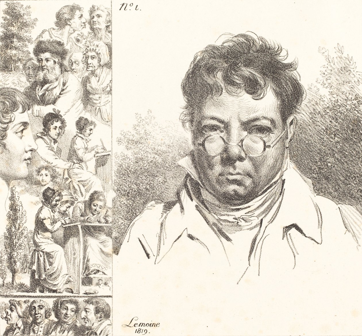 Autoportrét a jiné hlavy, 1819 (litografie) od Jacques Antoine Marie Lemoine