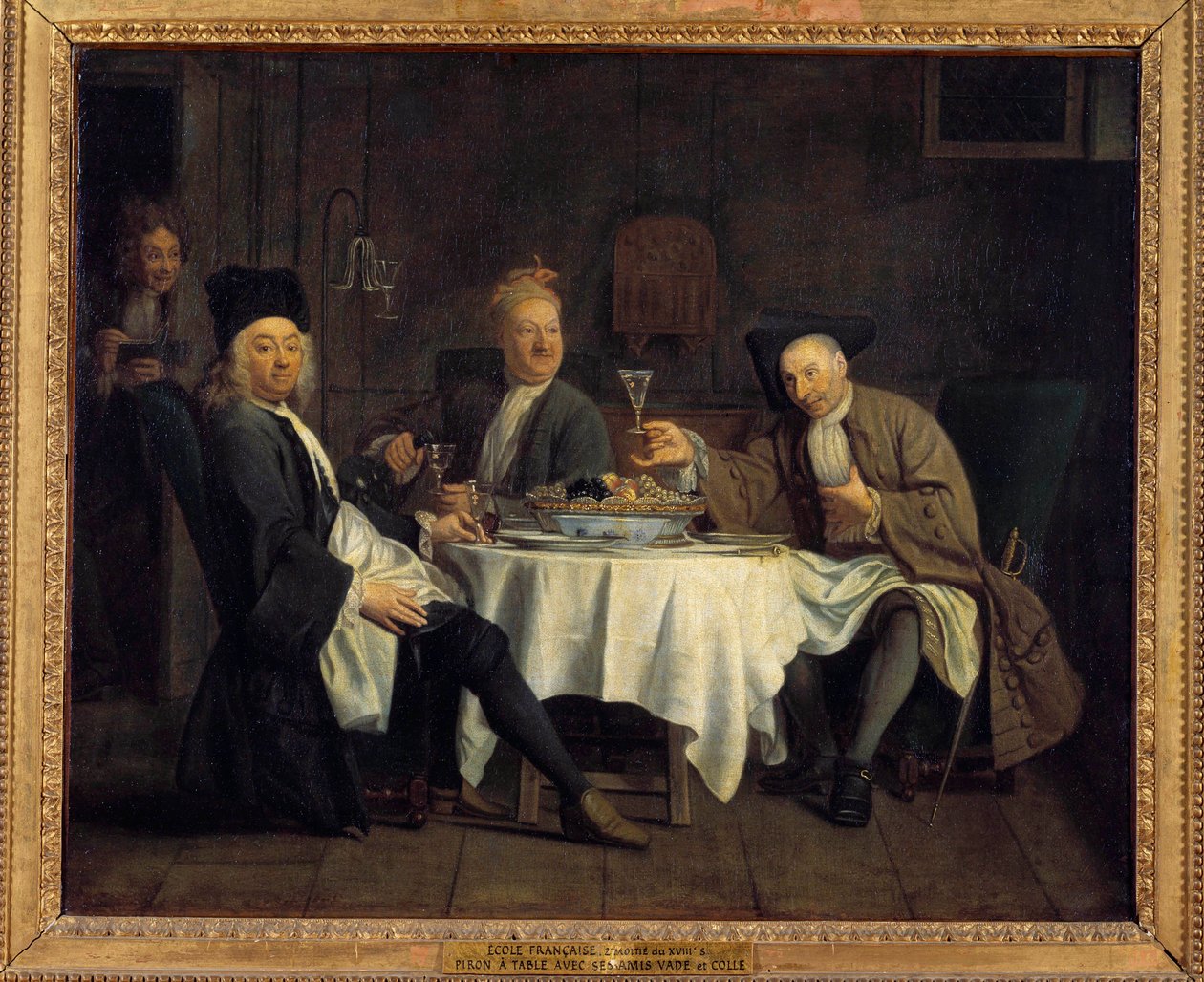 Pijáci vína kdysi řekli, že básník Alexis Piron (1689-1773) u stolu se svými přáteli Jean Joseph Vade (1720-1757) a Charles Colle (1709-1783) Obraz Jacquese Antreaua (1657-1745) Slunce 18. století. 0,54x0,66 m od Jacques Antreau