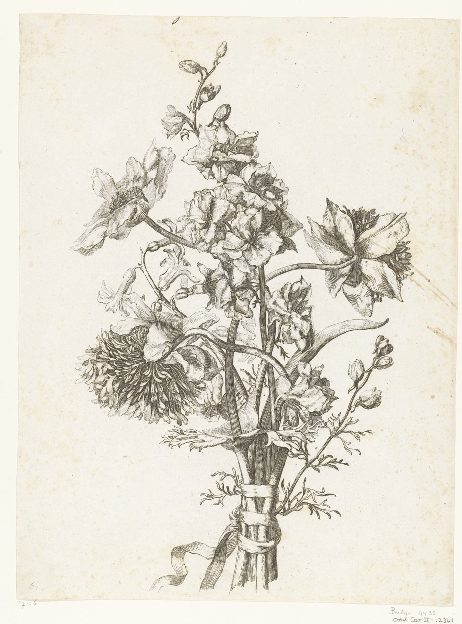Kytice se sasankami, hyacintem a delphinium Diverse Fleurs mises en Boucquets (název série) od Jacques Bailly (I)