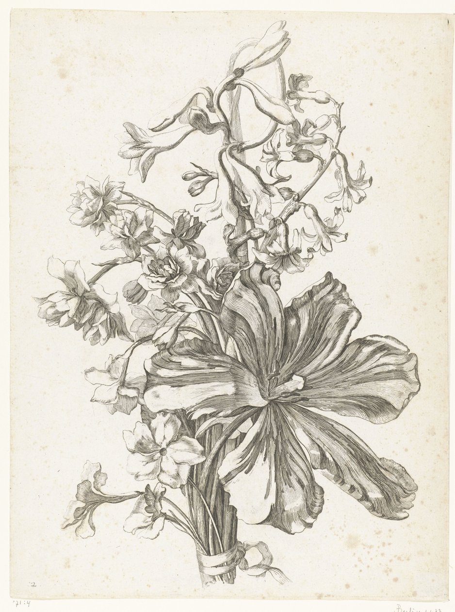 Kytice s tulipánem, hyacintem, brodiaea a narcisy Diverse Fleurs mises en Boucquets (název série) od Jacques Bailly (I)