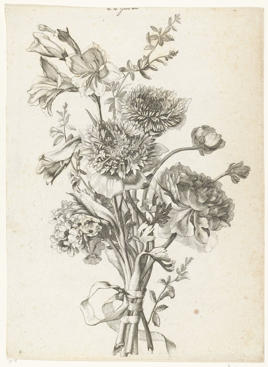 Kytice sasanek Kytice se sasankami, pivoňkou, stonkovými květy a mečíkem Diverse Fleurs mises en Boucquets (název série) od Jacques Bailly (I)
