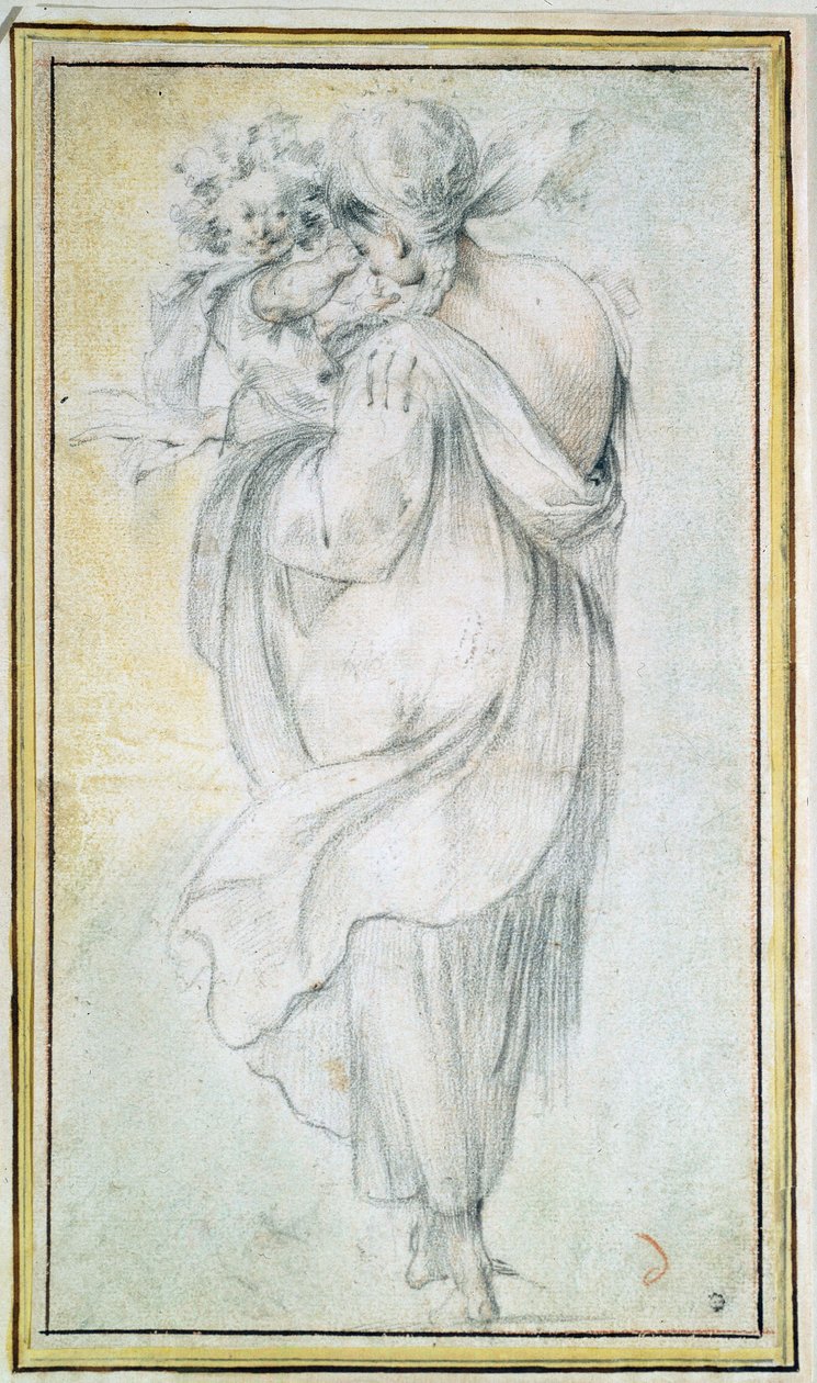 Cikán s dítětem - Dílo Jacquese Bellange (kolem 1575-1616), krev a černobílá křída na papíře (30x16,5 cm), počátek 17. století - Cikán s dítětem, Krev, černobílá křída na papíře od J Bellange, počátek 17. století – stát H od Jacques Bellange