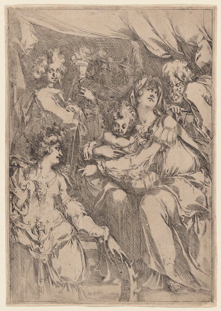 Svatá rodina se svatou Kateřinou, svatým Janem Evangelistou a andělem, 16121616. od Jacques Bellange