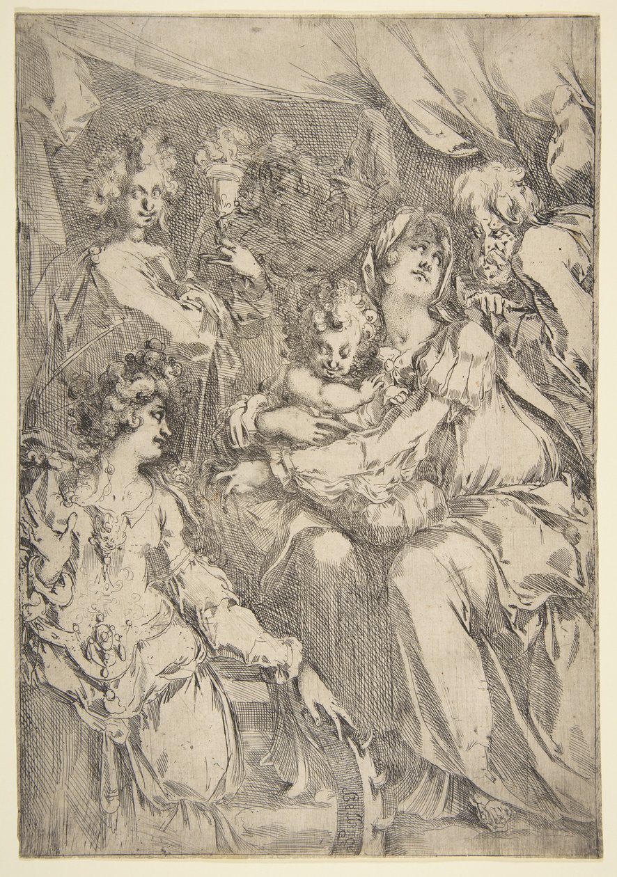 Svatá rodina se svatou Kateřinou, svatým Janem Evangelistou a andělem, 1612-16. od Jacques Bellange