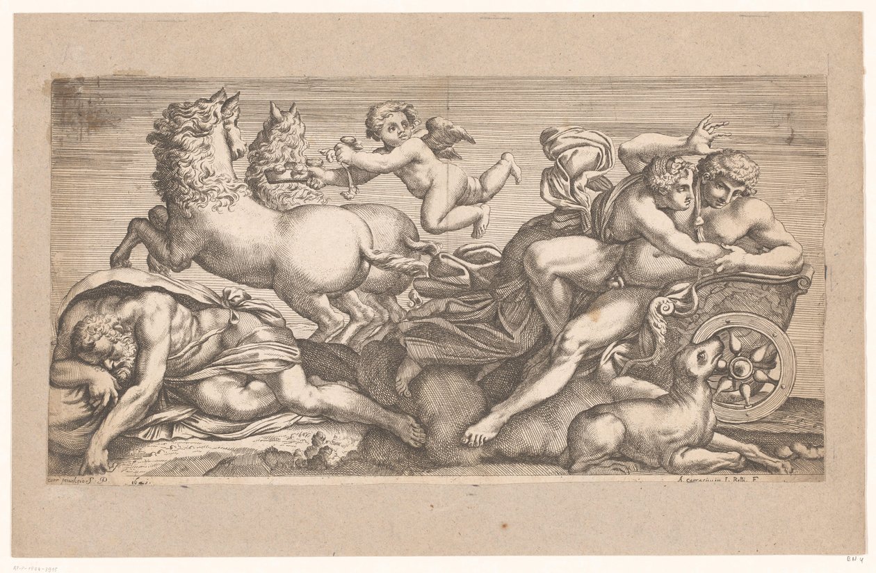 Cephalus zajatý Aurorou v jejím voze Mytologické scény po freskách v Palazzo Farnese v Římě (název série) od Jacques Belly
