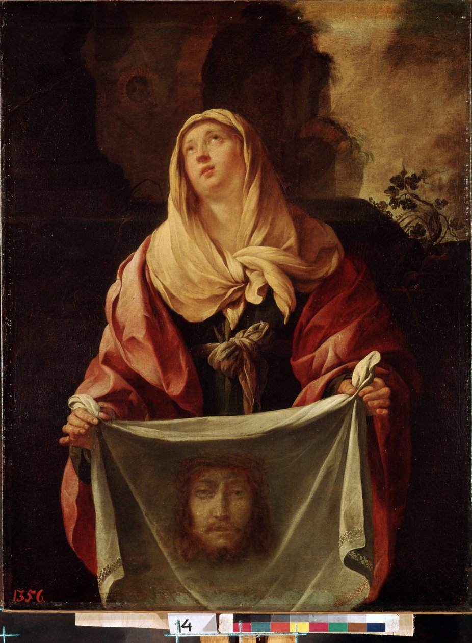 "Svatá Veronika"". Svatý závoj představuje tvář Krista, jehož pot by Veronique setřela při výstupu na Kalvárii. Obraz od Jacquese Blancharda (1600-1638) 1633-1634 Rozměr 127x98 cm Muzeum Ermitáž, Petrohrad (Saint-Peters od Jacques Blanchard