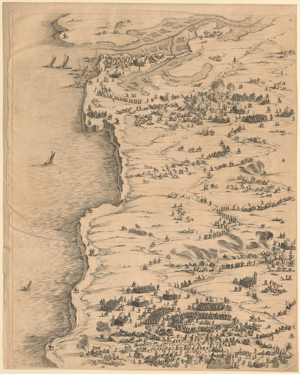 1. Deska vlevo nahoře z díla „Obléhání La Rochelle“ od Jacques Callot