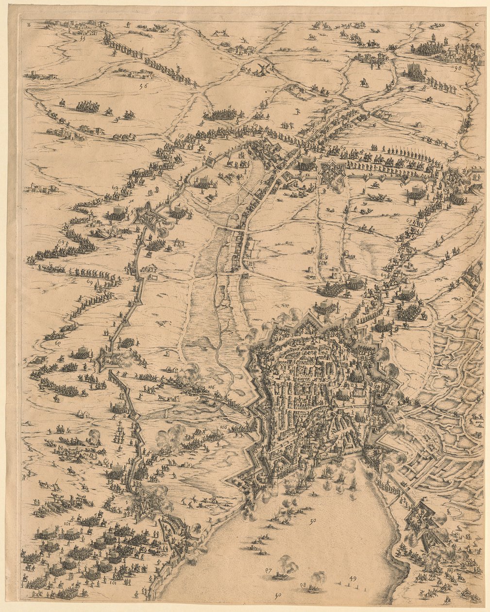 Tabule 2, nahoře uprostřed, z díla „Obléhání La Rochelle“ od Jacques Callot