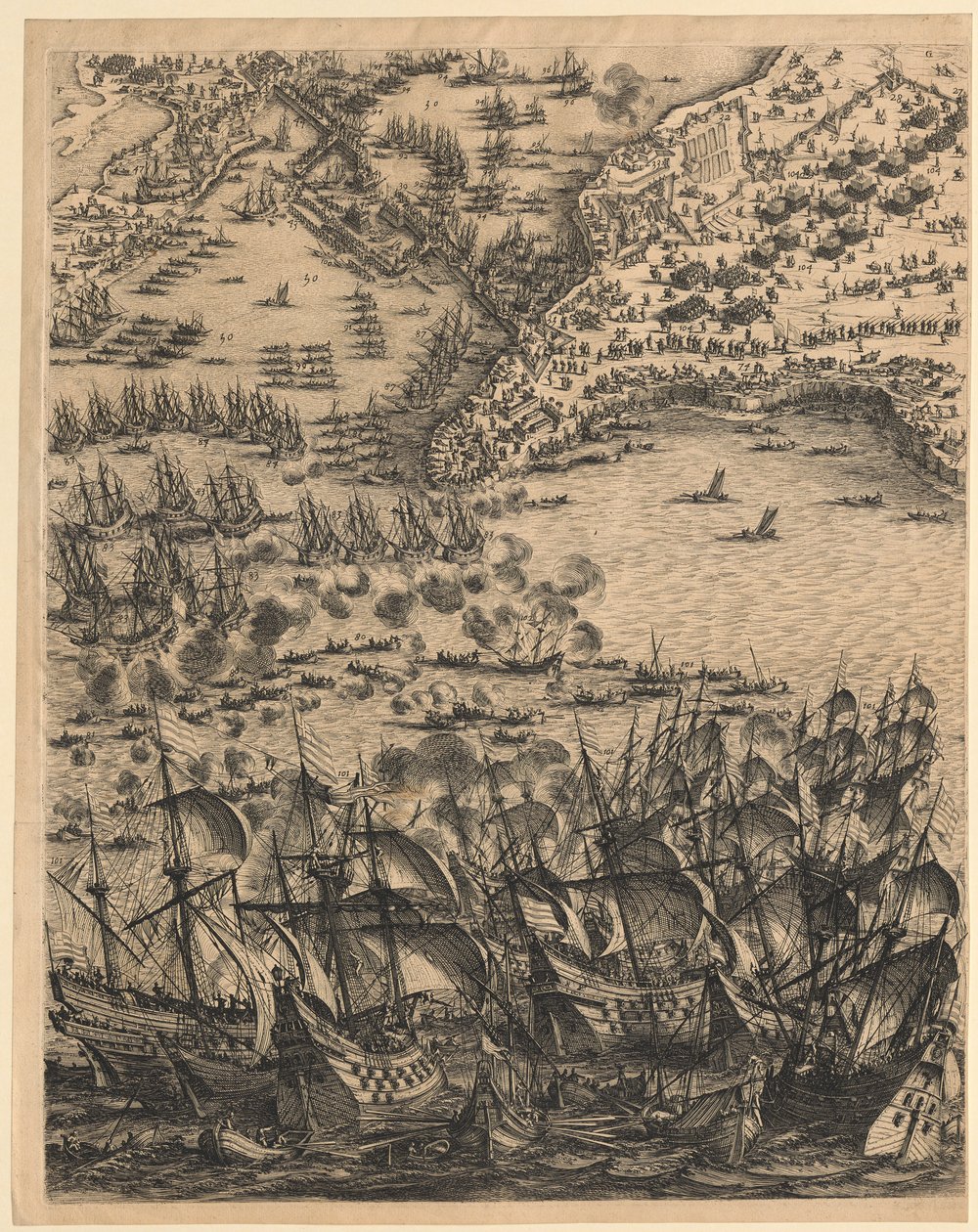 2. Deska dole uprostřed z díla „Obléhání La Rochelle“ od Jacques Callot