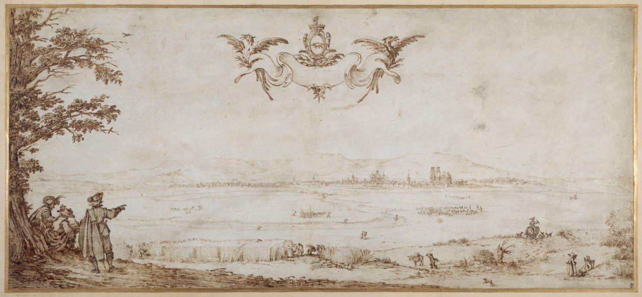 Pohled na Toul přes rovinu, krajina s postavami, nebe s pažemi z porcelánu (pero a hnědý inkoust na pergamenu) od Jacques Callot