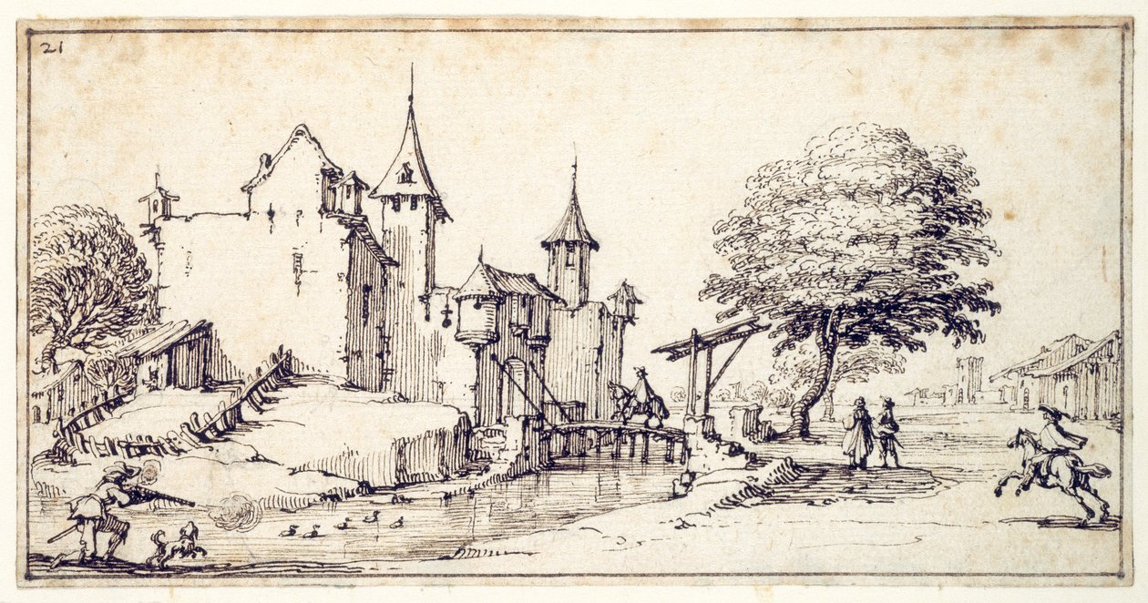 Zámek s padacím mostem (pero a hnědý inkoust na papíře) od Jacques Callot