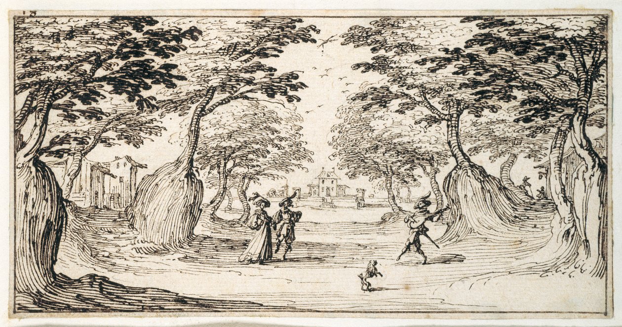 Krásná dáma a gentleman tančící v lese na loutnu, zámek v dálce (pero a hnědý inkoust na papíře) od Jacques Callot