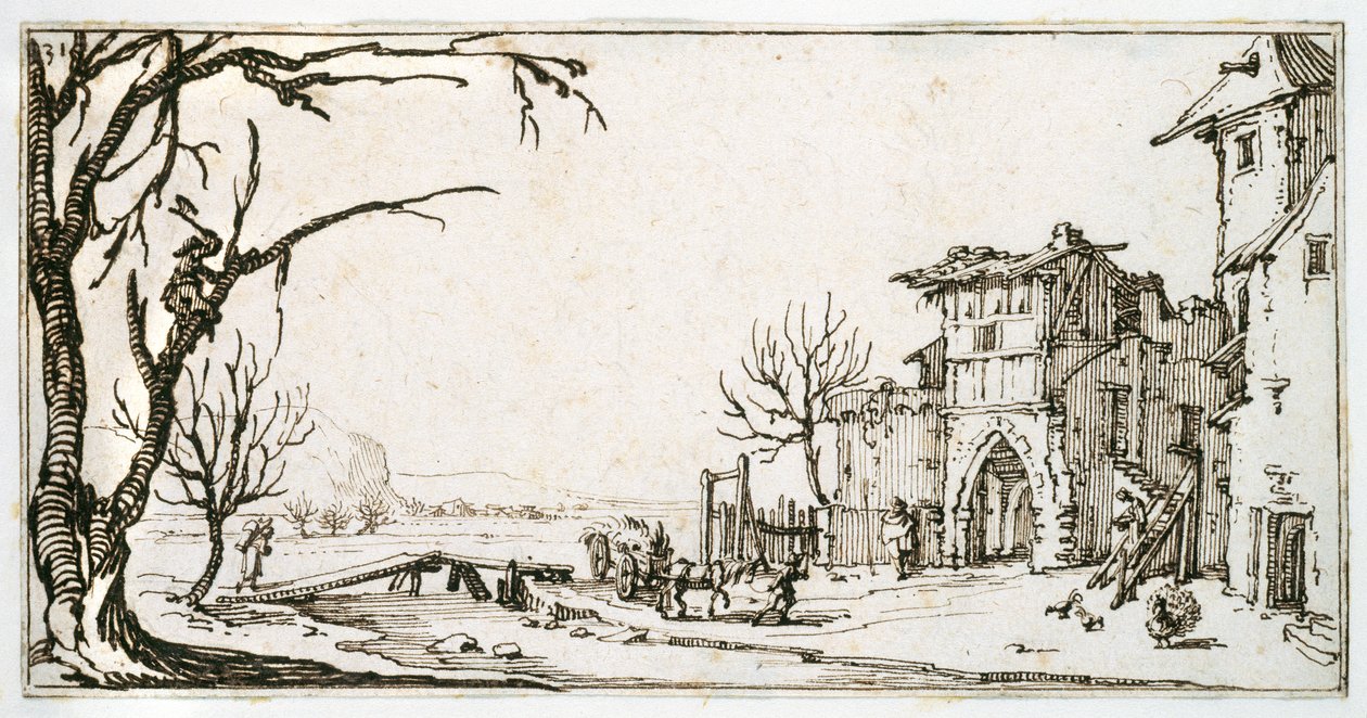 Seno přinášející ke středověké bráně vesnice, muž štípající větev, z alba patřícího Israeli Silvestre, kolem roku 1630 (pero a inkoust na papíře) od Jacques Callot