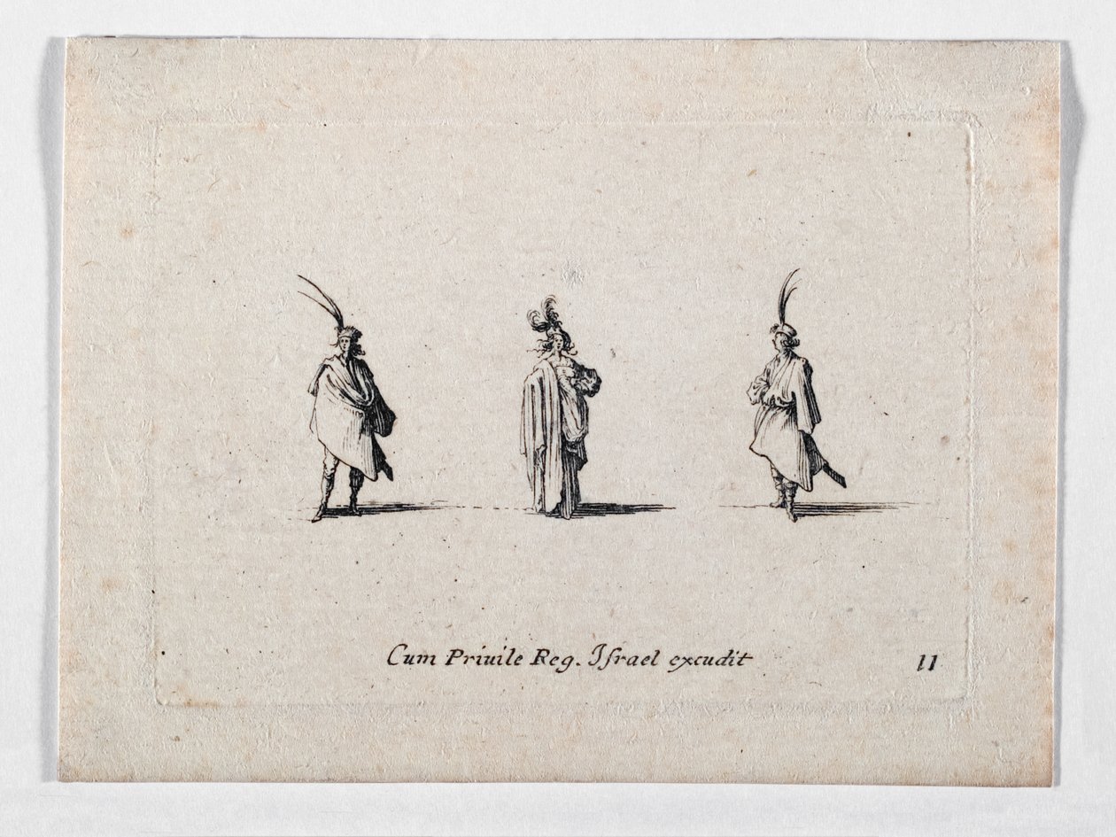 Dáma s dlouhým kabátcem a dvěma kavalíry, od ... (rytina) od Jacques Callot