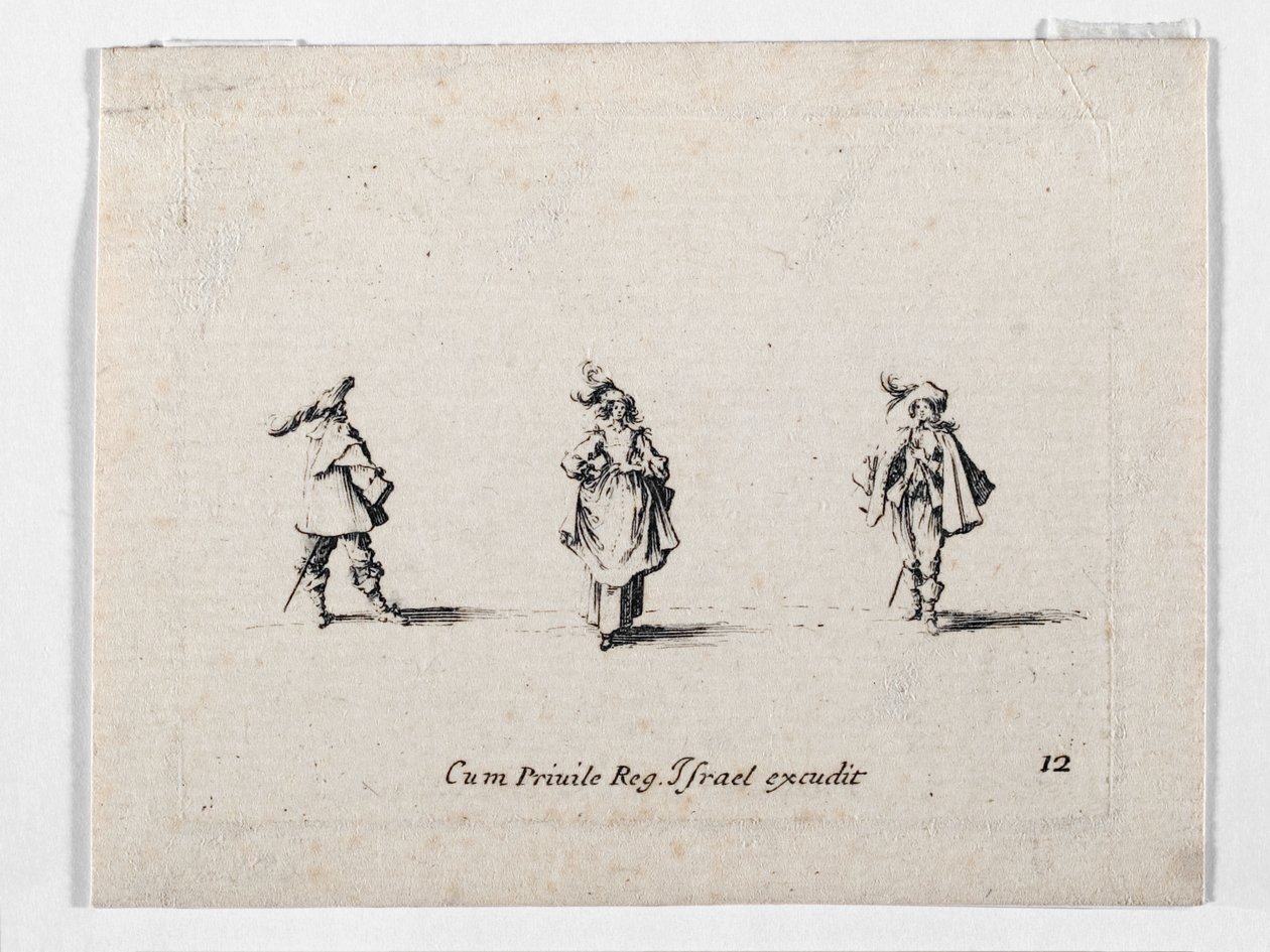 Dáma s kloboukem s pírkem a dva kavalíři, z ... (rytina) od Jacques Callot
