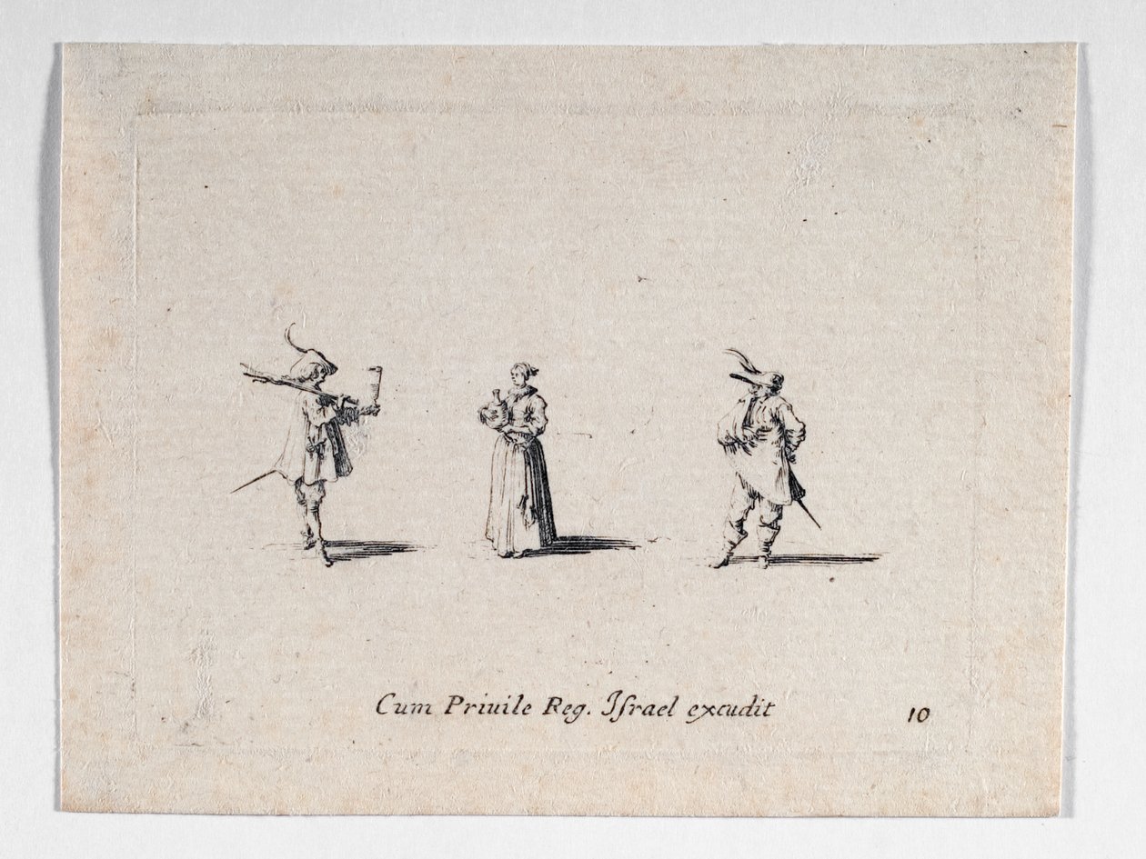 Dáma s lahví vína a dvěma kavalíry, od ... (rytina) od Jacques Callot