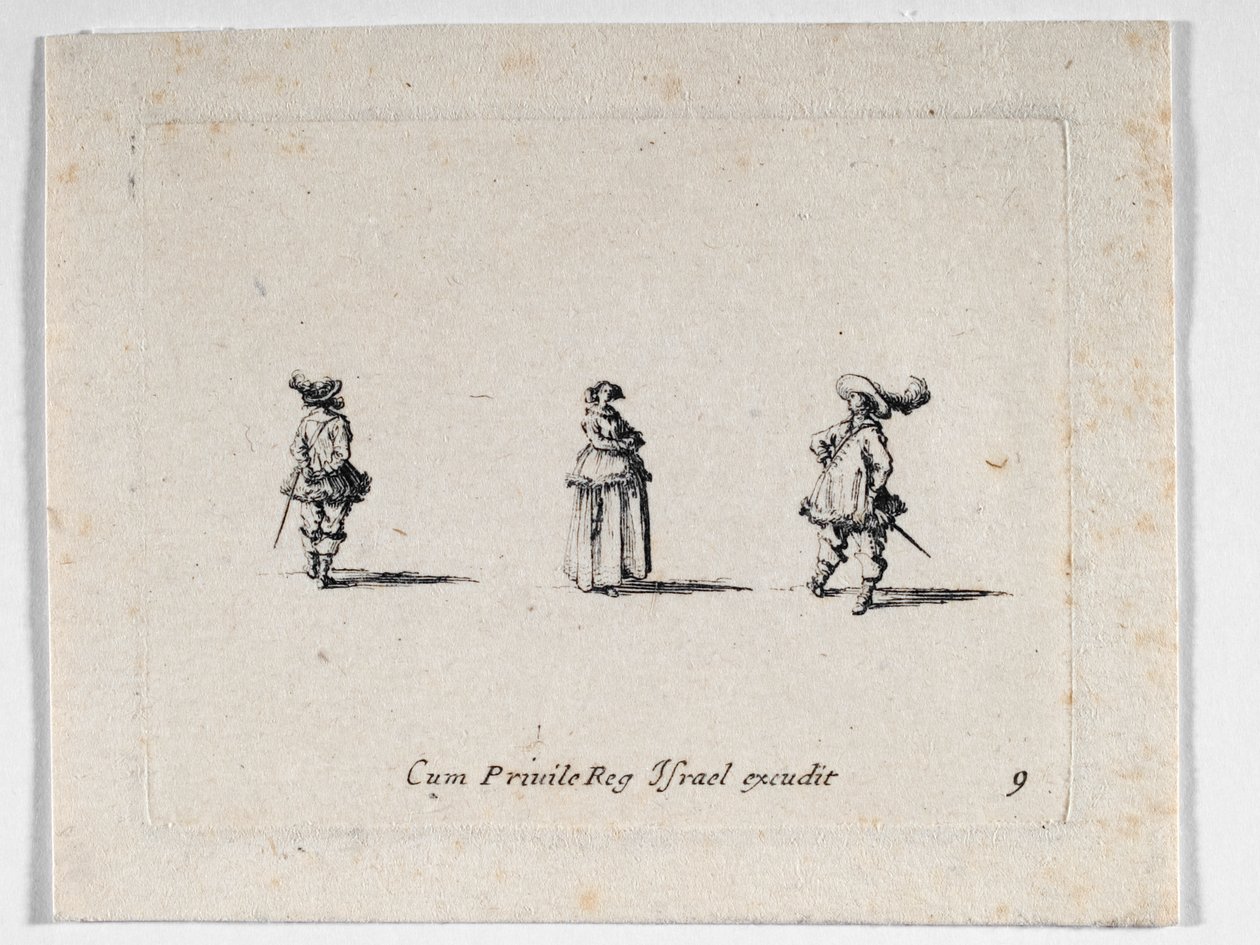Dáma se založenýma rukama a dva kavalíři, od ... (rytina) od Jacques Callot