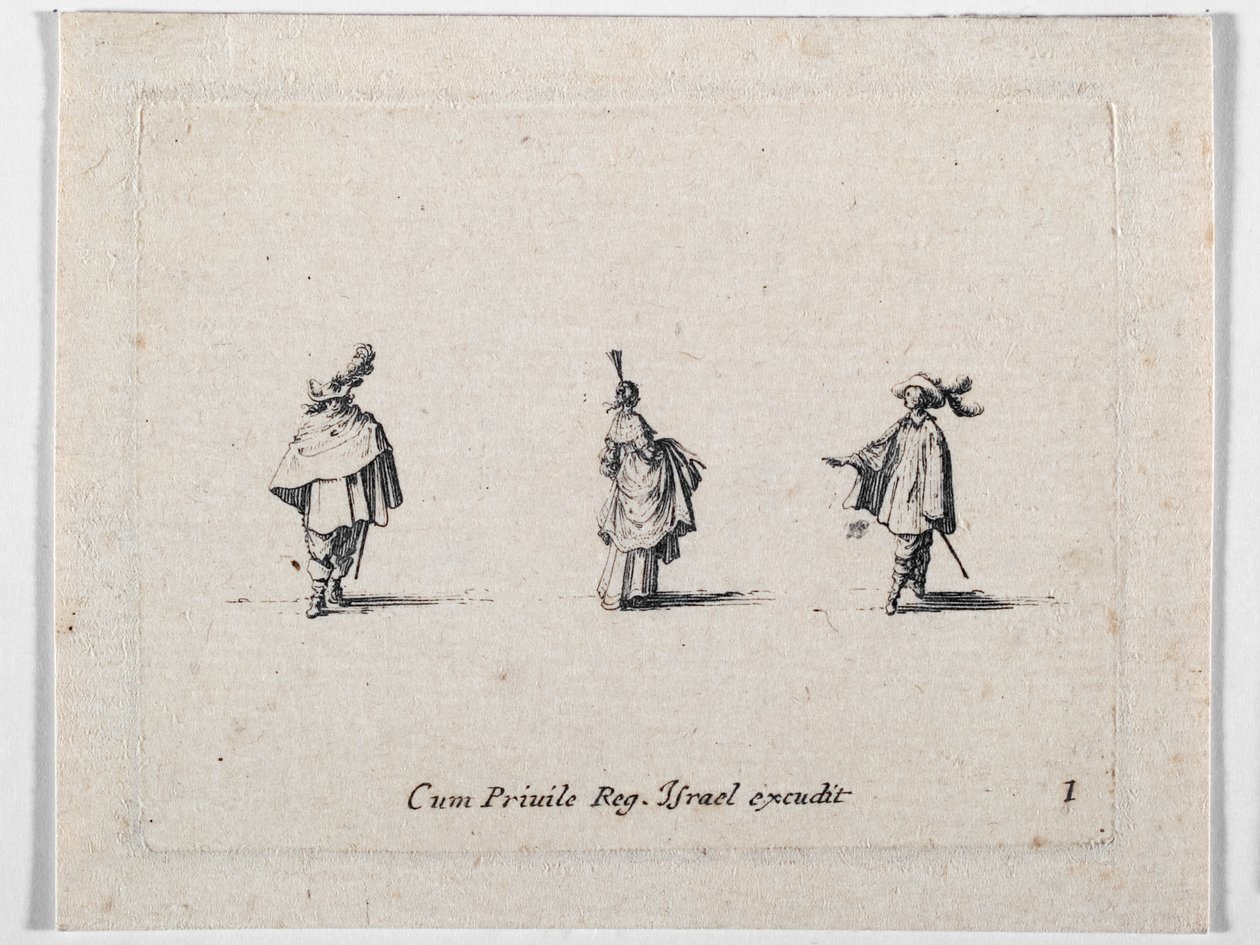 Dáma s nabíranou sukní a dvěma kavalíry, z knihy Les Fantaisies de Noble J. Callot... (rytina) od Jacques Callot