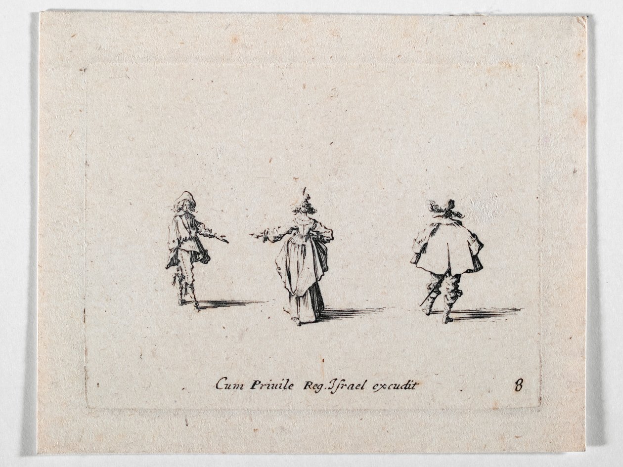 Dáma s nataženou rukou při pohledu zezadu a dva kavalíři, z knihy Les Fantaisies de Noble J. Callot... (rytina) od Jacques Callot