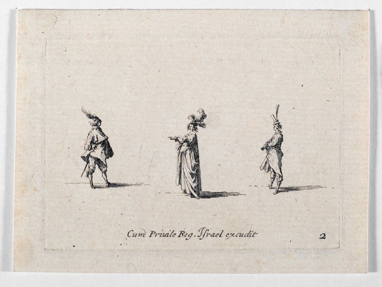 Dáma s kloboukem s plnovousem a dva kavalíři, z ... (rytina) od Jacques Callot