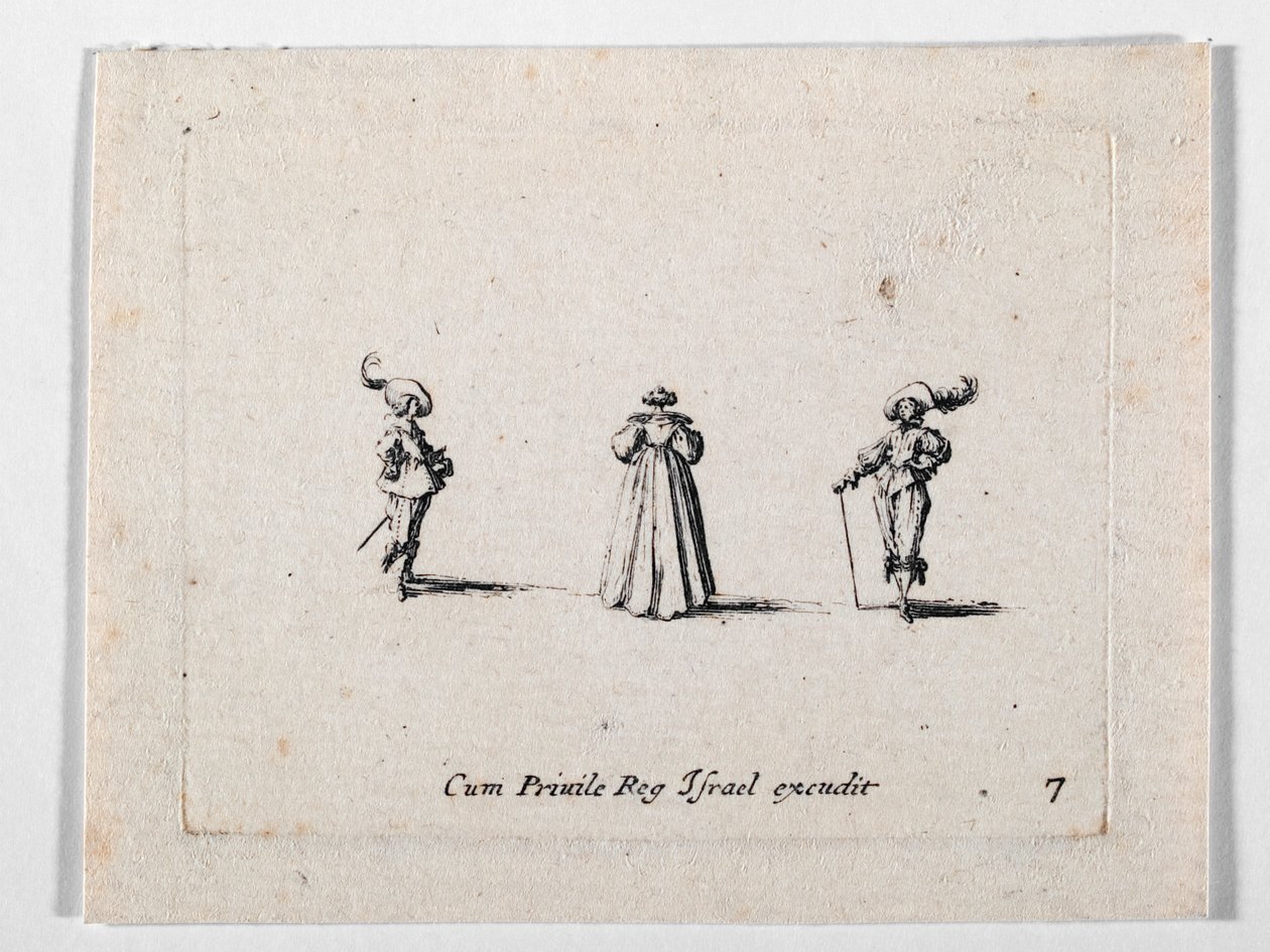 Dáma v bohatě řasených šatech, pohled zezadu, a dva kavalíři, z knihy Les Fantaisies de Noble J. Callot... (rytina) od Jacques Callot