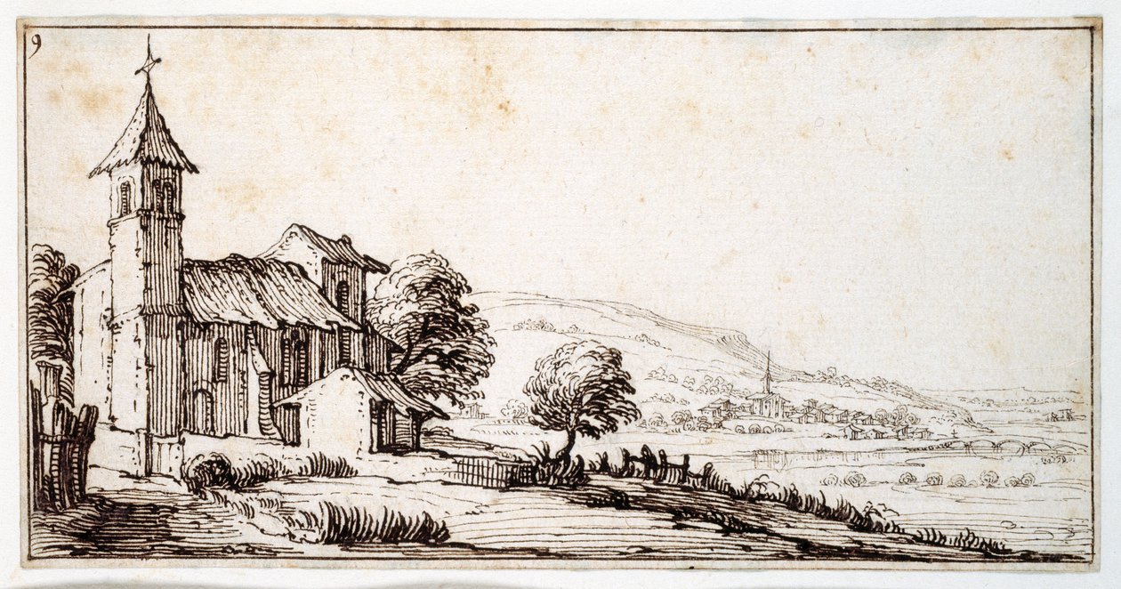 Říční krajina poblíž Nancy, s vesnickým kostelem Maxeville a dalším ve střední vzdálenosti, z alba patřícího Israeli Silvestre, kolem roku 1630 (pero a inkoust na papíře) od Jacques Callot