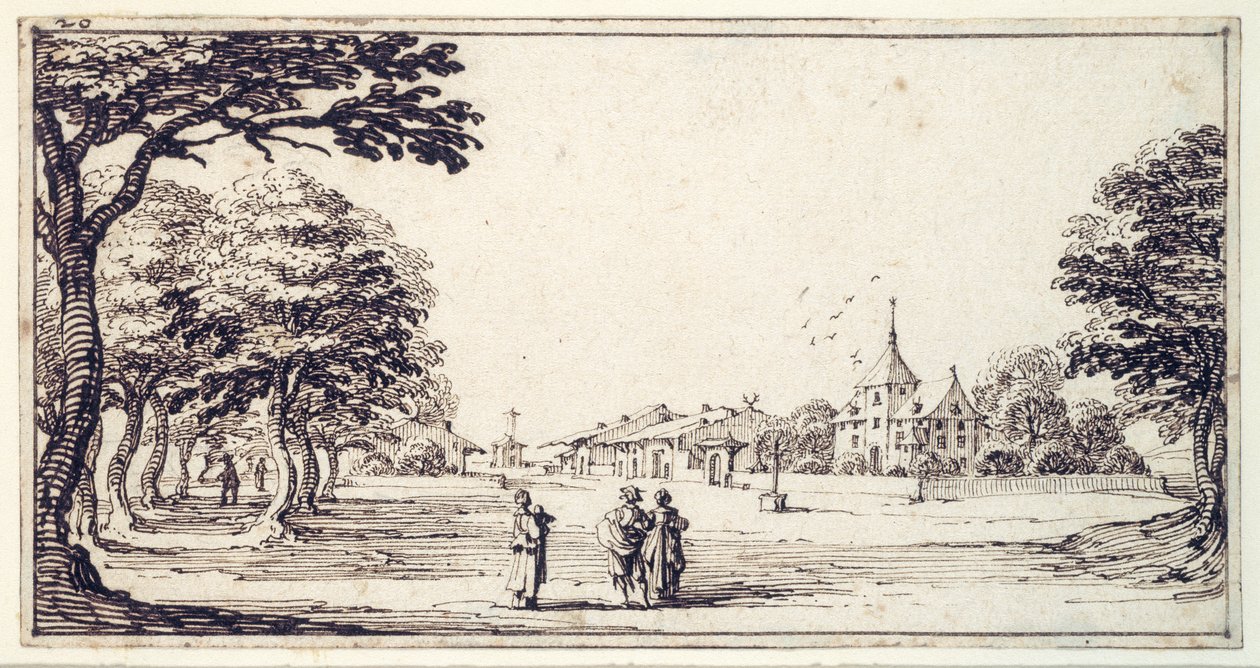 Ulice v Bainville-sur-Madon s Callotovým domem (pero a hnědý inkoust na papíře) od Jacques Callot