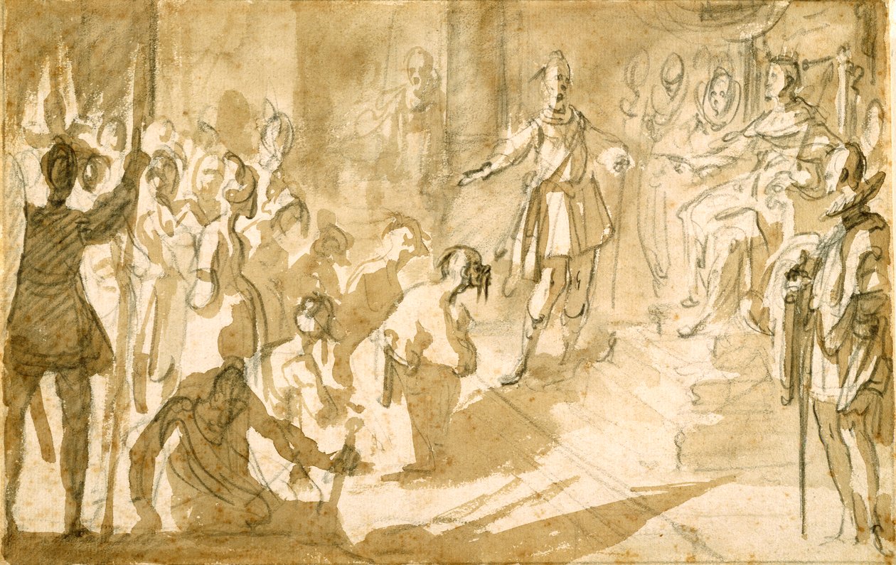 Admirál Inghirami představuje turecké zajatce toskánskému králi Ferdinandu I., kolem roku 1615 (pero a inkoust s přemývanou křídou na papíře) od Jacques Callot