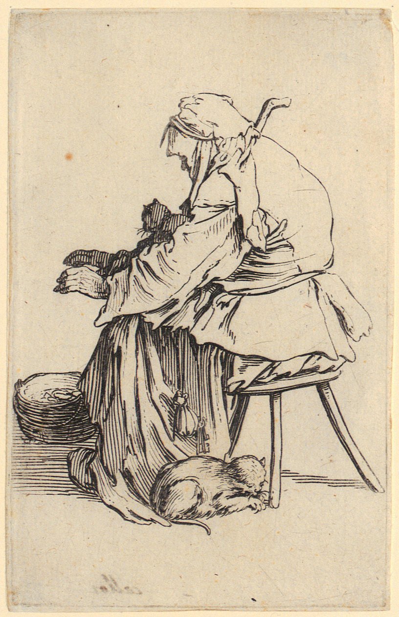 Stará žena s kočkami, list 25 ze série „Žebráci“ od Jacques Callot