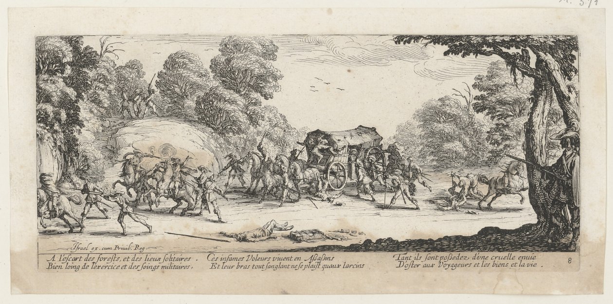 Útok na poštovní dostavník, list 8 ze série „Hrůzy války“ od Jacques Callot