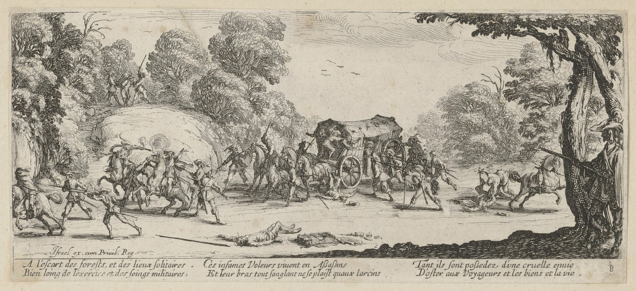 Přepadení dostavníku, list 8 ze série „Hrůzy války“ od Jacques Callot