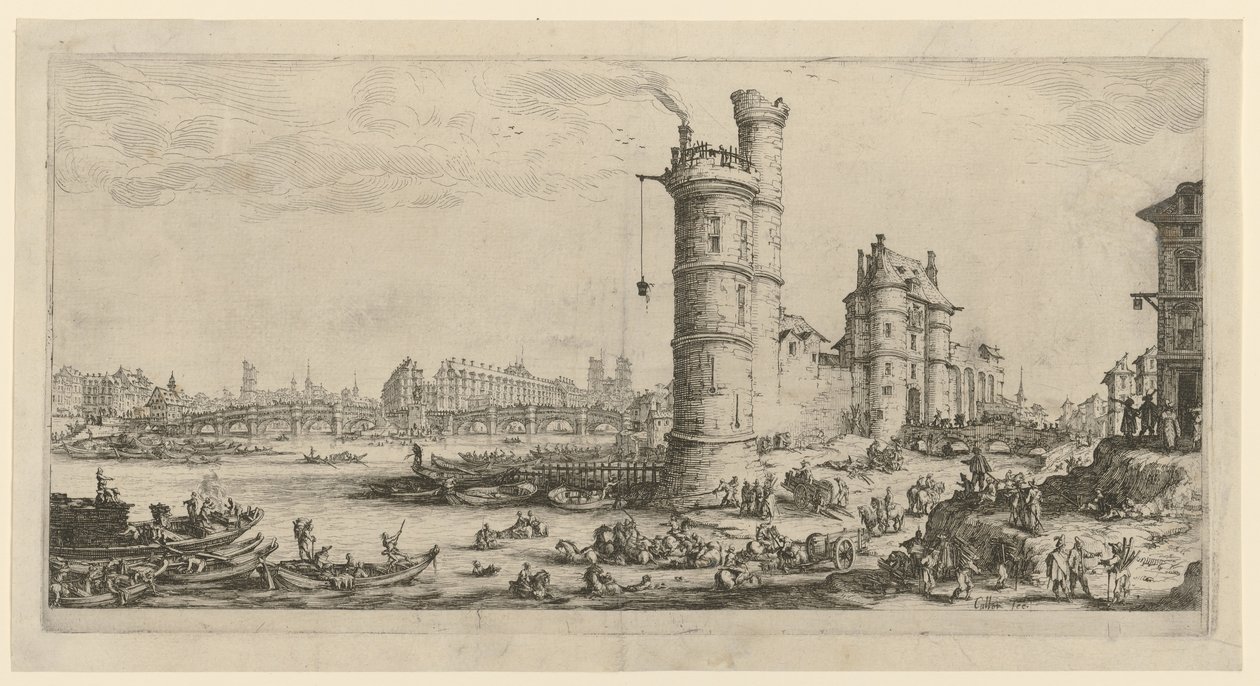 Pohled na Pont-Neuf, list ze série „Dva velké pohledy na Paříž“ od Jacques Callot