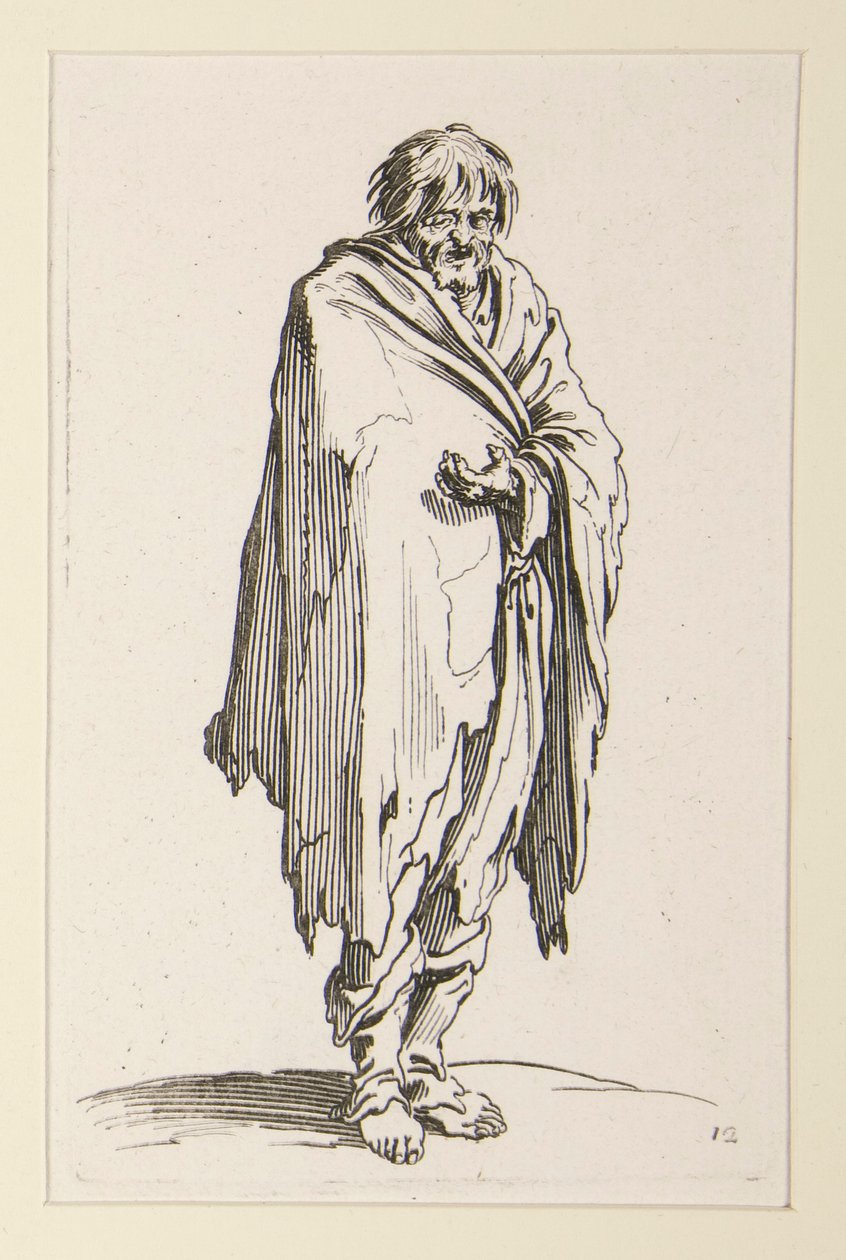 Holohlavý žebrák s neobutýma nohama, z The Beggars od Jacques Callot